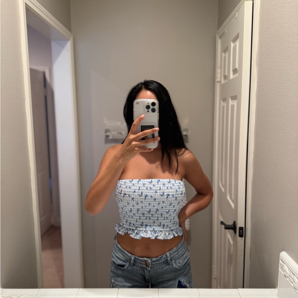 Forever 21 Blue and White Smocked Crop Top